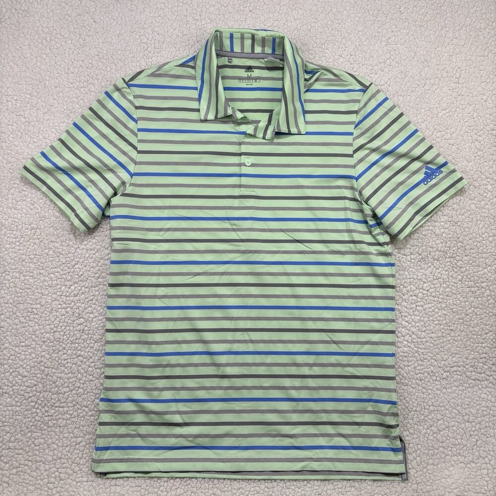 Adidas Golf Shirt Performance Polo Men's M Mint Green Blue Stripe Short Sleeve